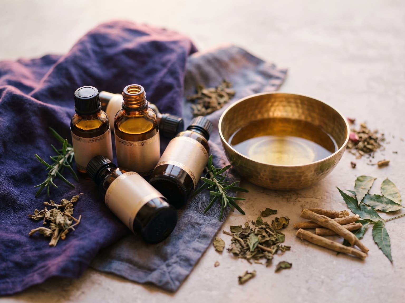 A flatlay of herbal oils and botanicals