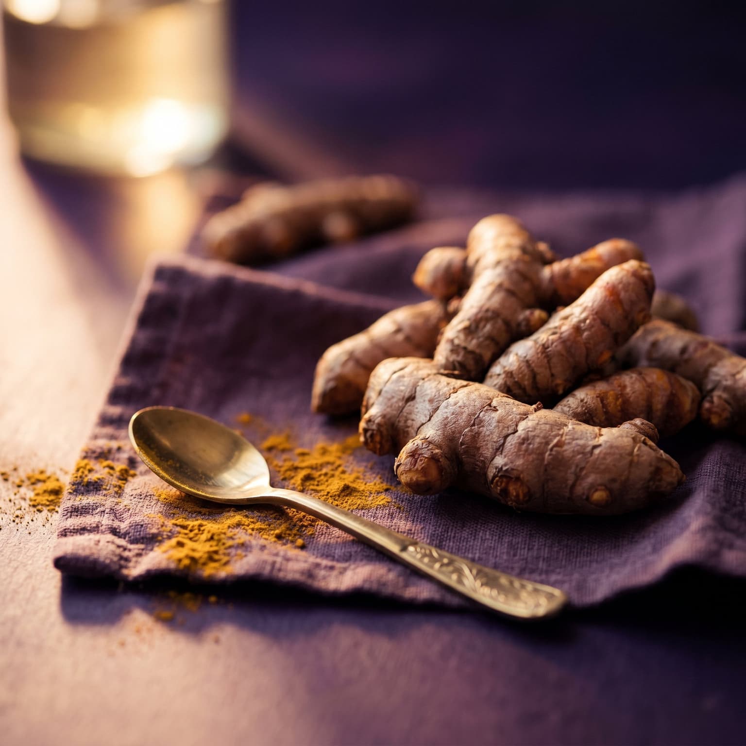 Fresh turmeric roots on a linen surface